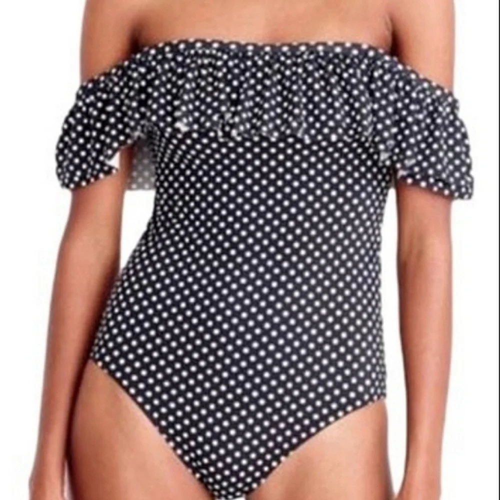 SALE J Crew Off Shoulder Ruffled Polka Dot One Piece Swimsuit Open Back Black 10